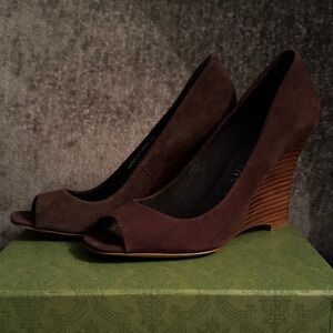 Aldo Brown Genuine Suede Peep-Toe Women’s Wedges